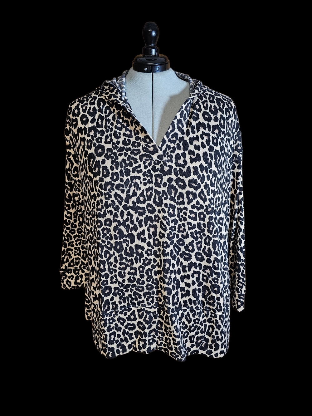 Fred David Leopard Print Hooded V-Neck Top - Black & Cream